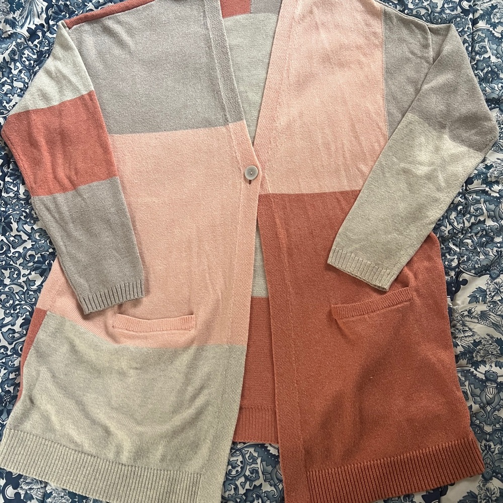 J. Jill Colorblock Open-Front Cardigan in Pink, Rust & Light Gray